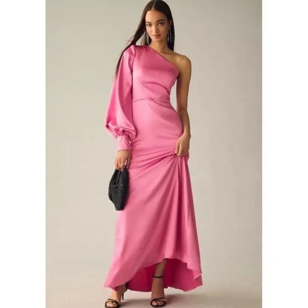 NWT Mac Duggal 26712I Candy Pink One Shoulder Bishop Sleeve Satin Gown Size 2